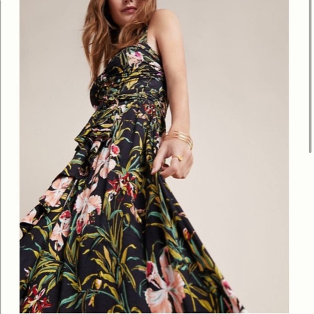 Anthropologie Black Floral Maxi Dress with Pink & Green Accents - Picture 2 of 6